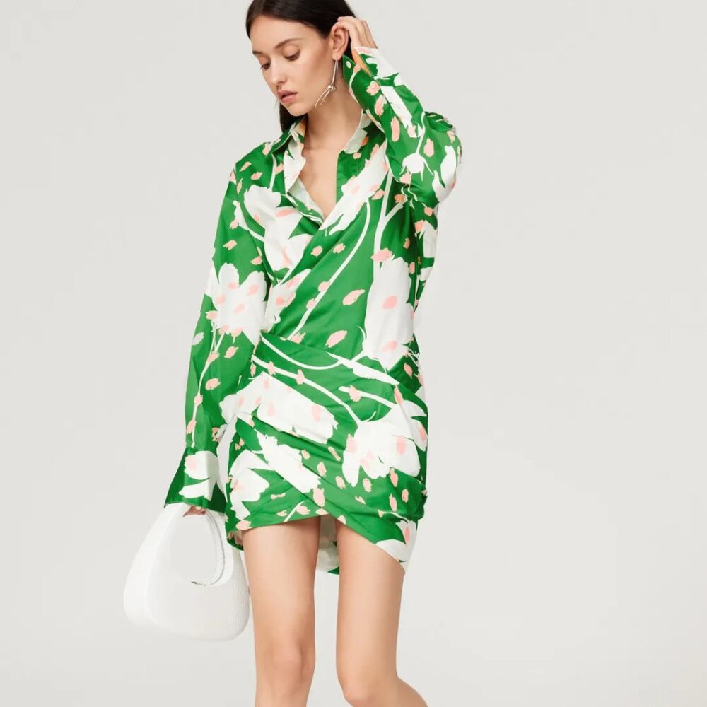 MONSE Emerald Green Floral Wrap Mini Dress with White and Blush Accents